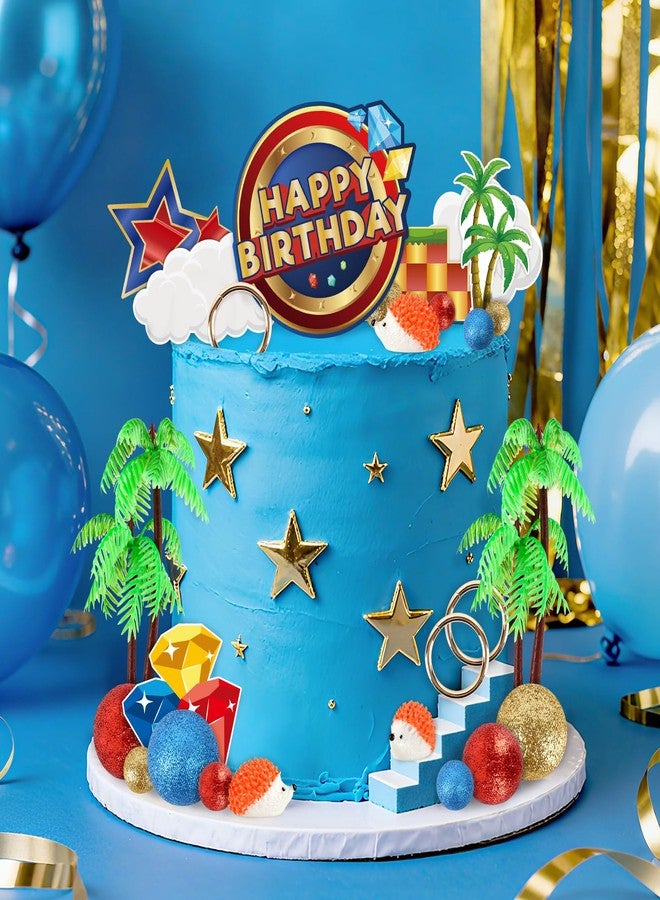 Abilat 28 Pcs Hedgehog Cake Toppers Blue Cartoon Themed Birthday Cake Decoration with Hedgehogs Palm Trees Stars Rings Animals Cupcake Toppers for Boys Girls Kids Birthday Party Supplies - Image 4